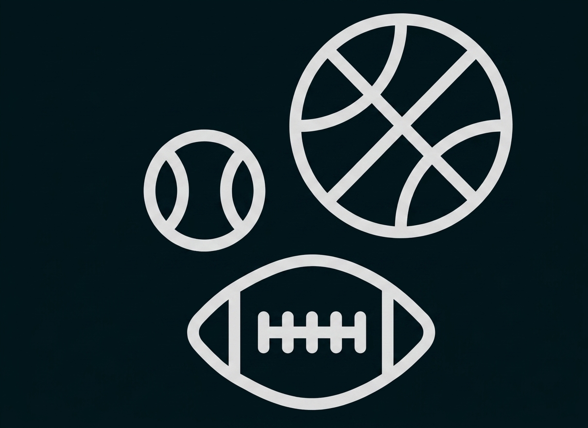 Drei Sportbälle (Basketball, Baseball, Football) als schwarz-weiße Umrisszeichnungen.